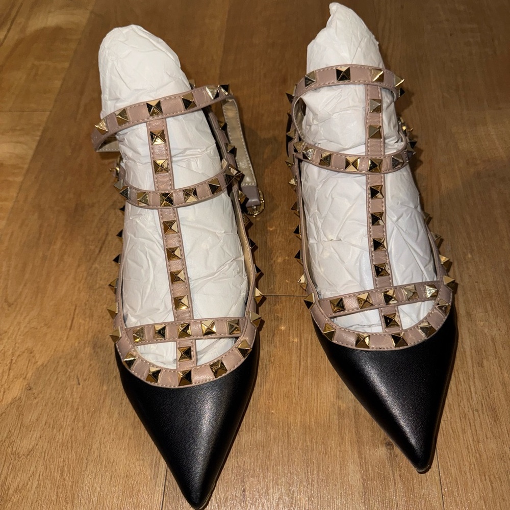 Rockstud ankle cage ballet flat in EU38 black leather shoe no box